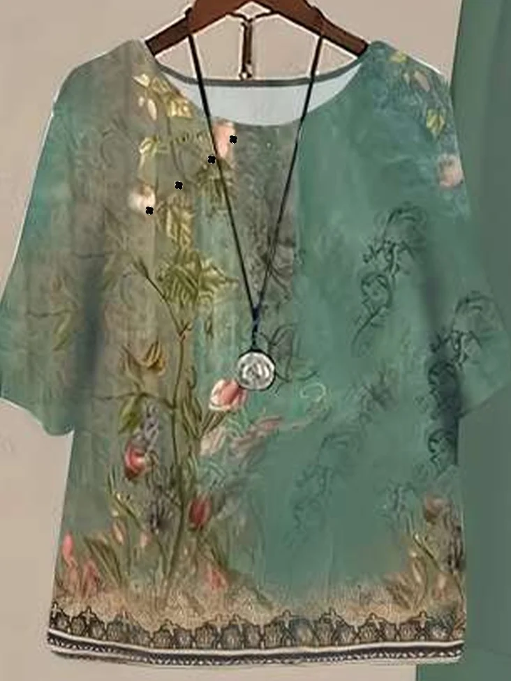 Women Floral Printing Two-Piece Set Daily Half Sleeve Casual Summer Top With Pants Matching Set