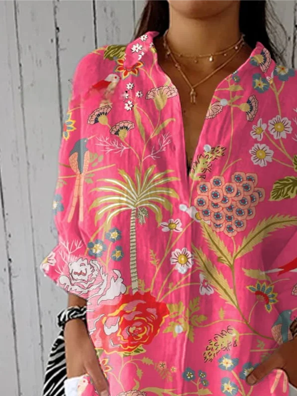 Women Floral Three Quarter Sleeve Shirt Spring/Fall Shirt Collar Holiday Casual Top