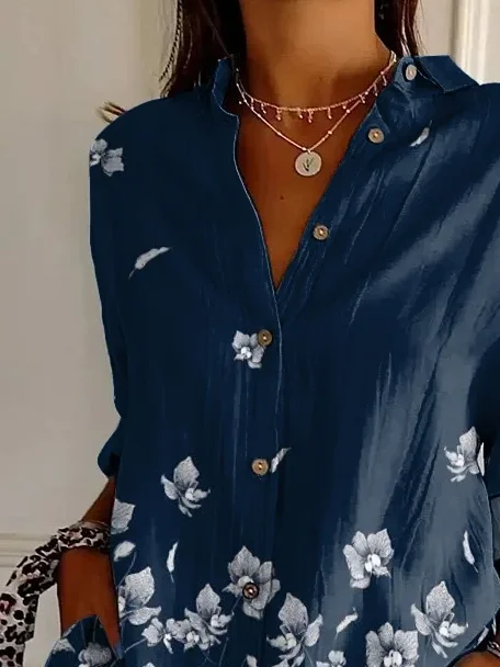 Women Floral Long Sleeve Shirt Spring/Fall Buckle Shirt Collar Daily Casual Top
