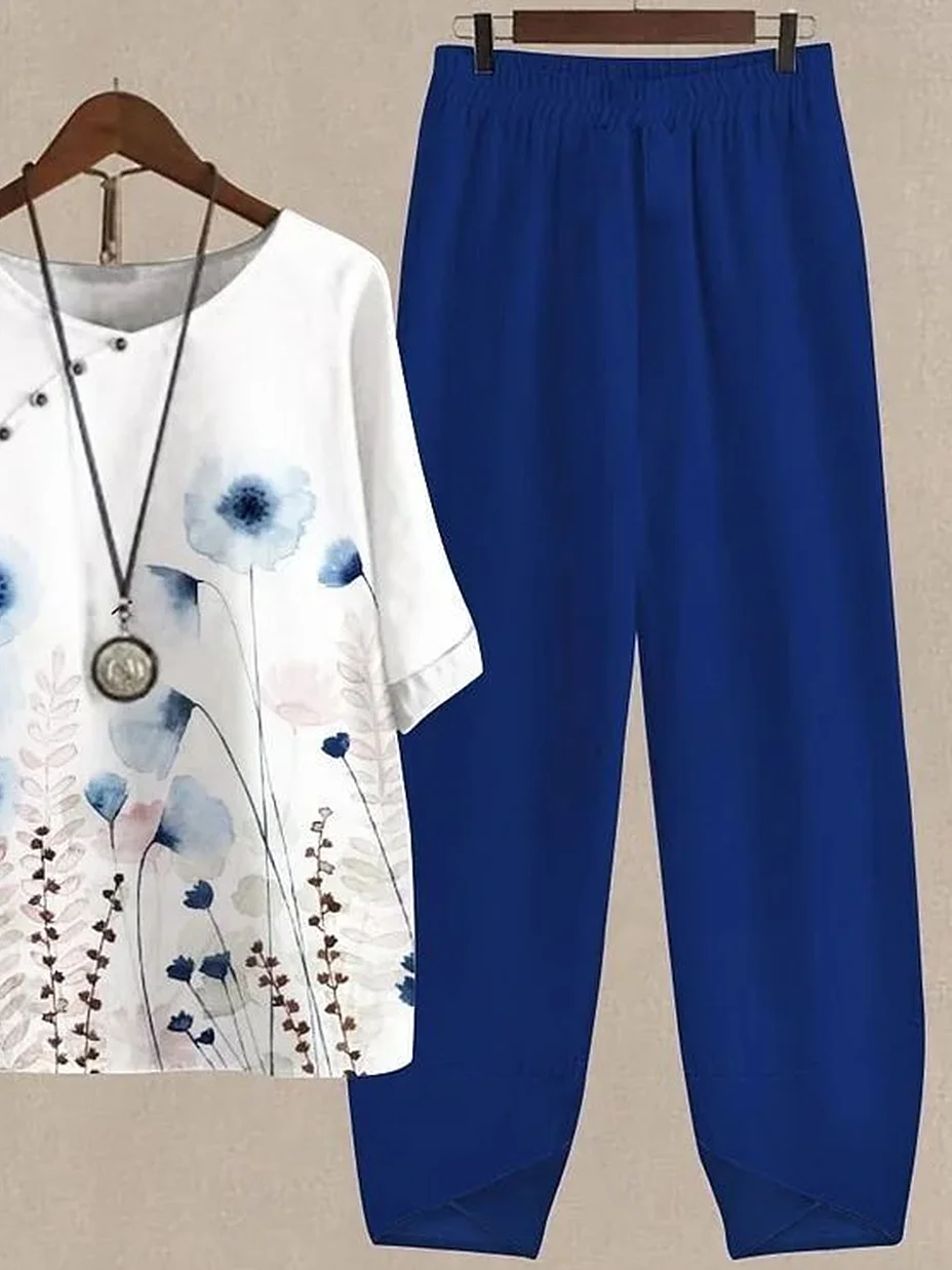 Women Floral Printing Two-Piece Set Daily Half Sleeve Casual Summer Top With Pants Matching Set