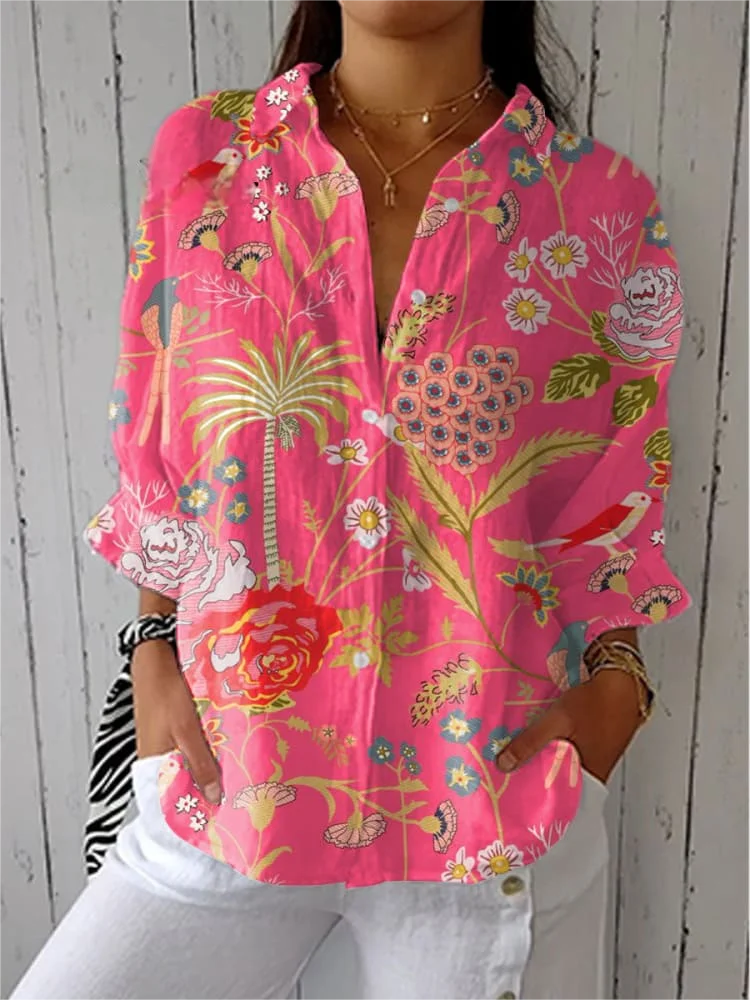 Women Floral Three Quarter Sleeve Shirt Spring/Fall Shirt Collar Holiday Casual Top