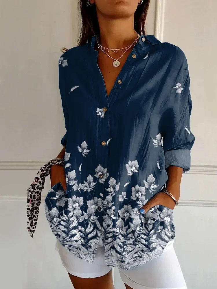 Women Floral Long Sleeve Shirt Spring/Fall Buckle Shirt Collar Daily Casual Top