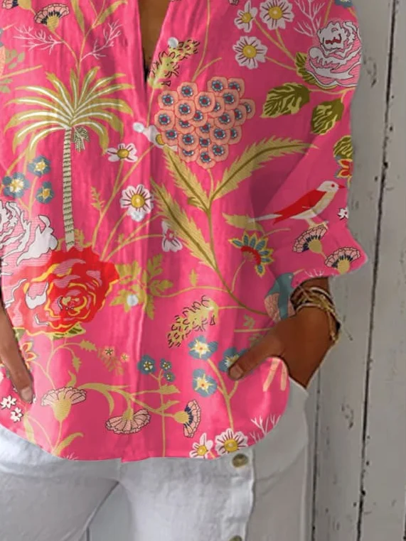 Women Floral Three Quarter Sleeve Shirt Spring/Fall Shirt Collar Holiday Casual Top