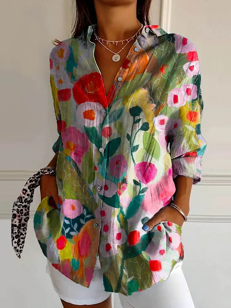 Women Floral Long Sleeve Shirt Spring/Fall Buckle Shirt Collar Daily Casual Top