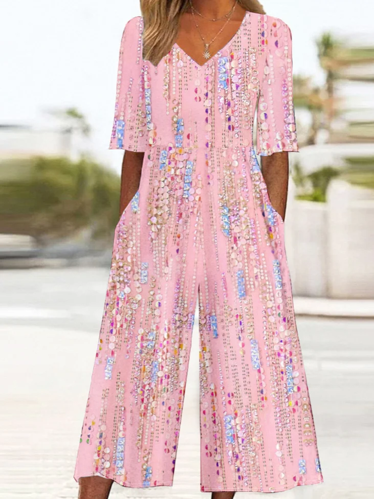 Women Gradient Pattern V Neck Half Sleeve Vintage Summer Jumpsuit