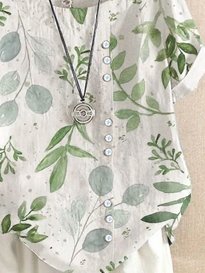 Women Floral Short Sleeve Shirt Summer Printing Crew Neck Daily Casual Top