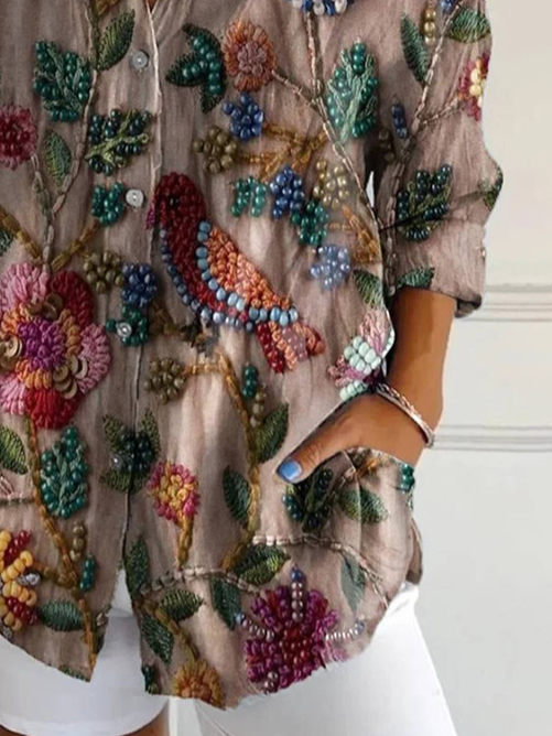 Women Floral Long Sleeve Shirt Spring/Fall Buckle Shirt Collar Daily Casual Top