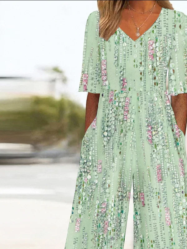 Women Gradient Pattern V Neck Half Sleeve Vintage Summer Jumpsuit