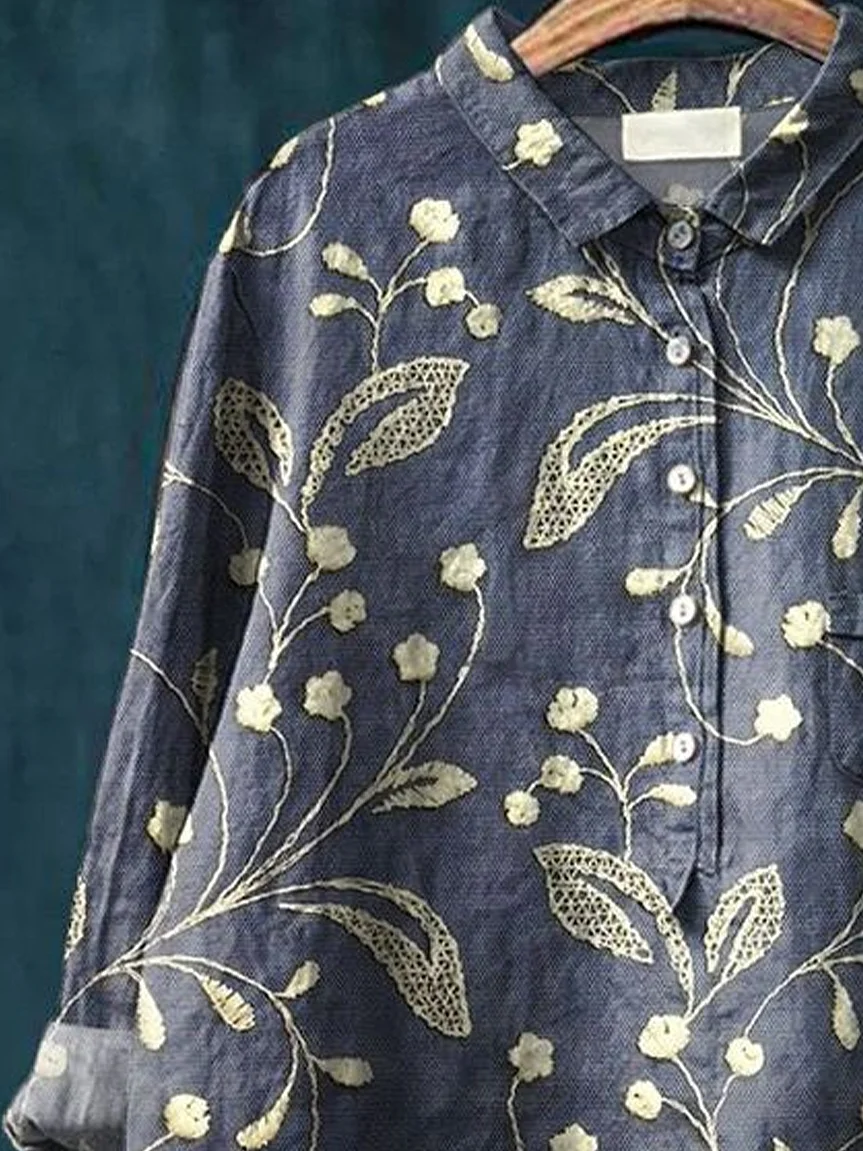 Women Floral Long Sleeve Shirt Spring/Fall Printing Shirt Collar Daily Casual Top