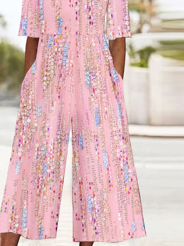 Women Gradient Pattern V Neck Half Sleeve Vintage Summer Jumpsuit