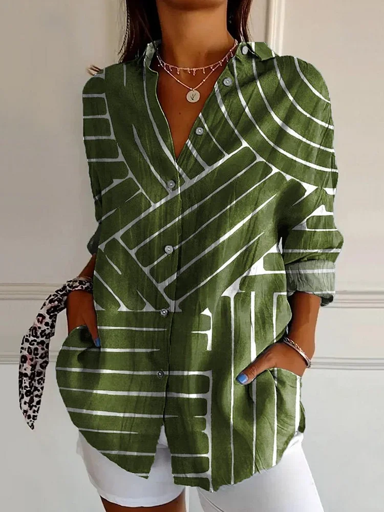 Women Striped Long Sleeve Shirt Spring/Fall Buckle Shirt Collar Daily Casual Top