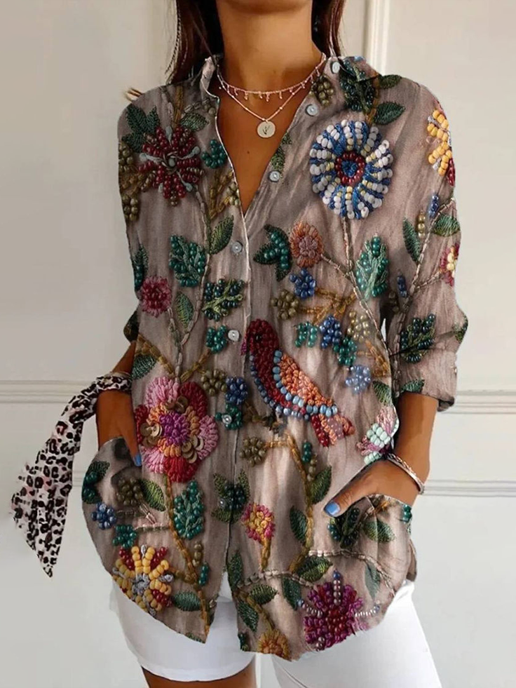 Women Floral Long Sleeve Shirt Spring/Fall Buckle Shirt Collar Daily Casual Top