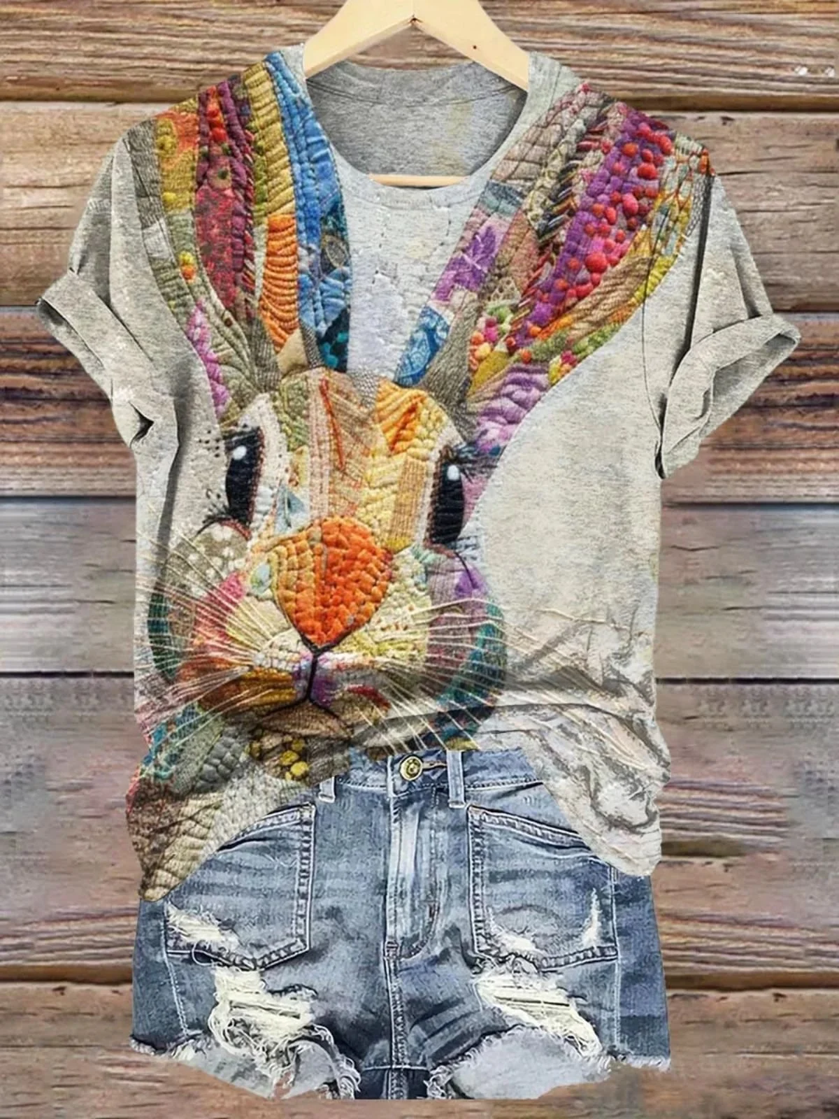 Women Easter (rabbit) Short Sleeve Tee T-shirt Crew Neck Casual Summer Top