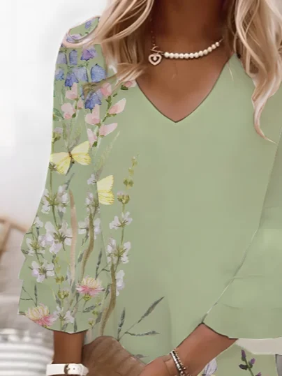Women Floral Half Sleeve Summer Printing Dress V Neck Daily Casual Midi Classic H-Line Dress