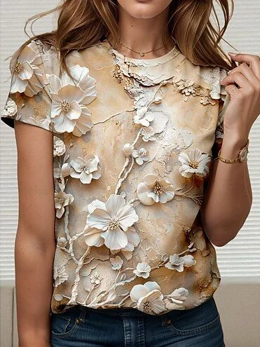 Women Floral Short Sleeve Tee T-shirt Crew Neck Printing Casual Summer Graphic Tee Top