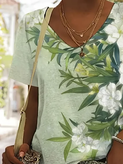 Women Floral Short Sleeve Tee T-shirt V Neck Printing Casual Summer Graphic Tee Top