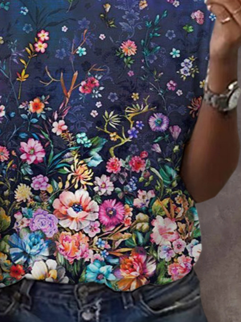 Women Floral Short Sleeve Tee T-shirt Crew Neck Printing Casual Summer Graphic Tee Top