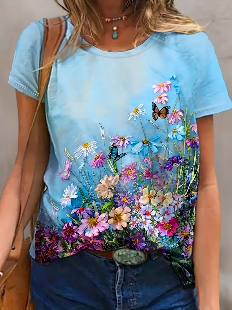 Women Floral Short Sleeve Tee T-shirt Crew Neck Printing Casual Summer Graphic Tee Top