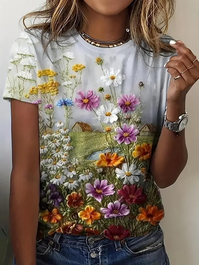 Women Floral Short Sleeve Tee T-shirt Crew Neck Printing Casual Summer Graphic Tee Top