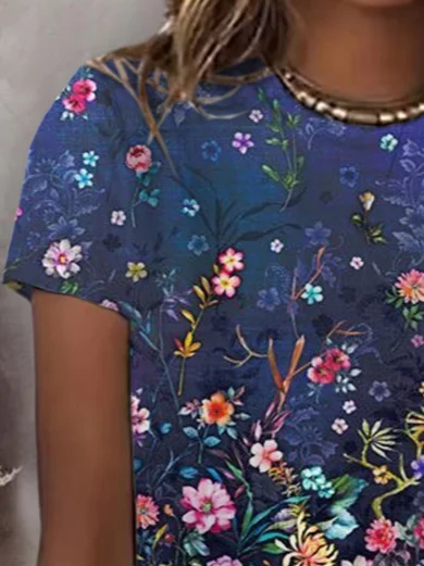 Women Floral Short Sleeve Tee T-shirt Crew Neck Printing Casual Summer Graphic Tee Top