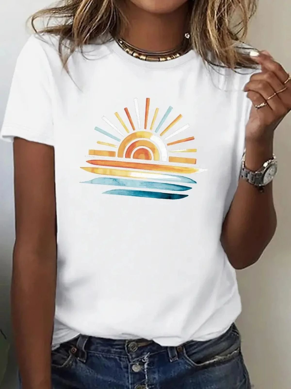 Women Sun Short Sleeve Tee T-shirt Crew Neck Casual Summer Top