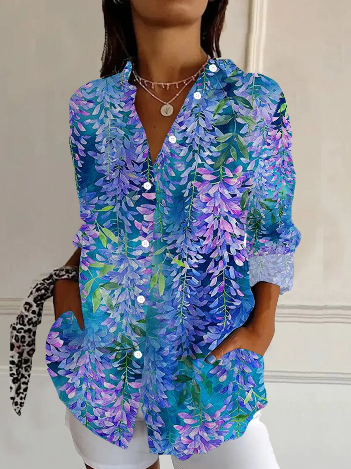 Women Floral Long Sleeve Shirt Spring/Fall Buckle Shirt Collar Daily Casual Top