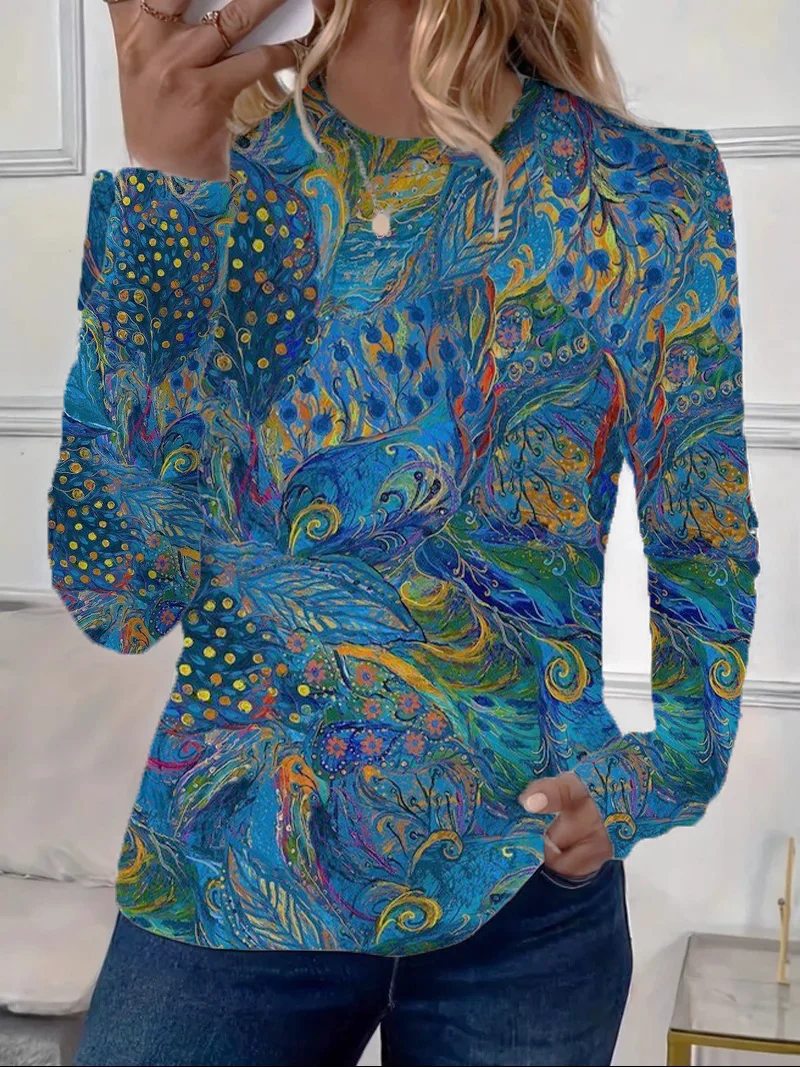 Women Abstract Long Sleeve Tee T-shirt Crew Neck Printing Casual Spring/Fall Graphic Tee Top
