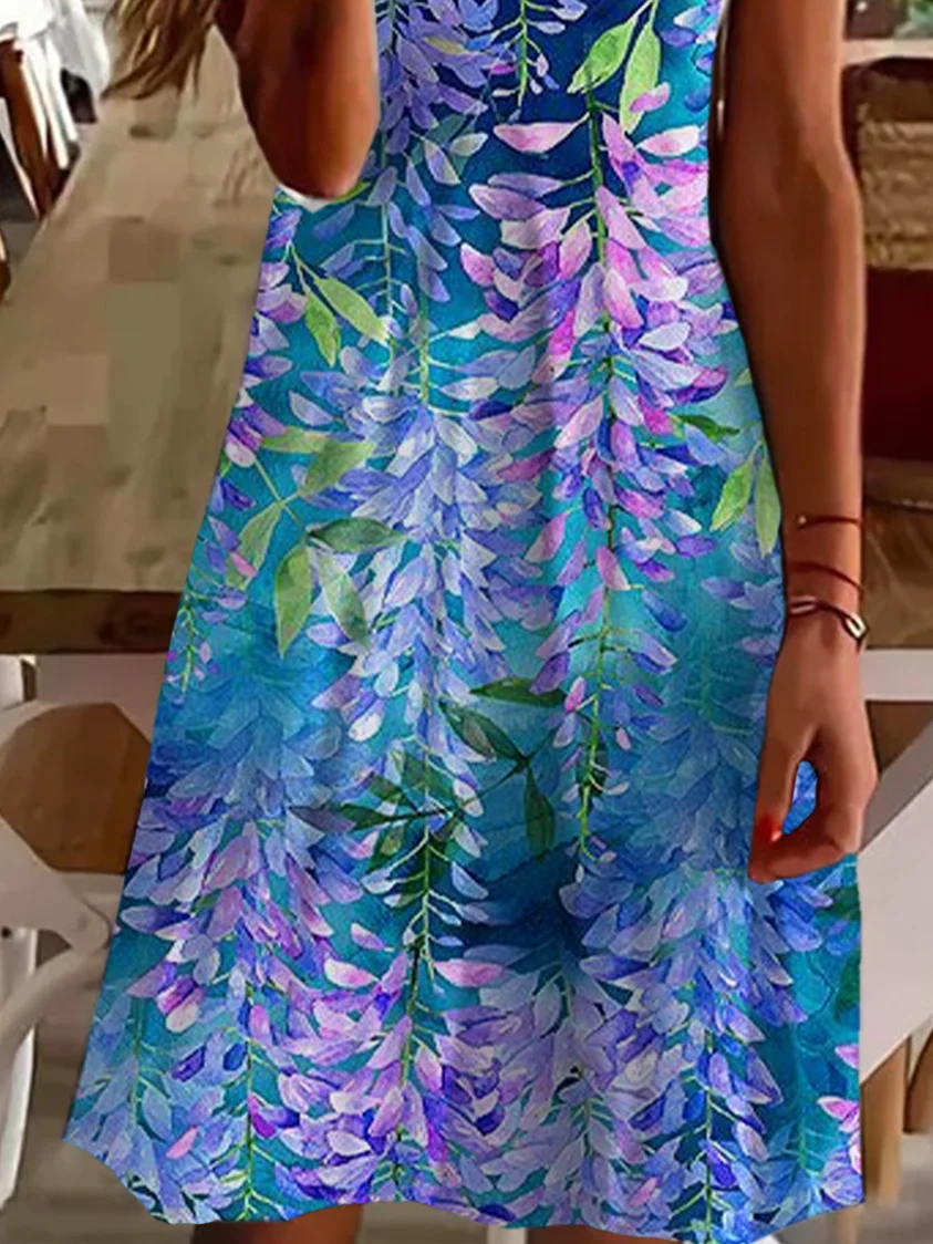 Women Floral Short Sleeve Summer Dress V Neck Daily Casual Midi Fit & Flare Dress A-Line Dress