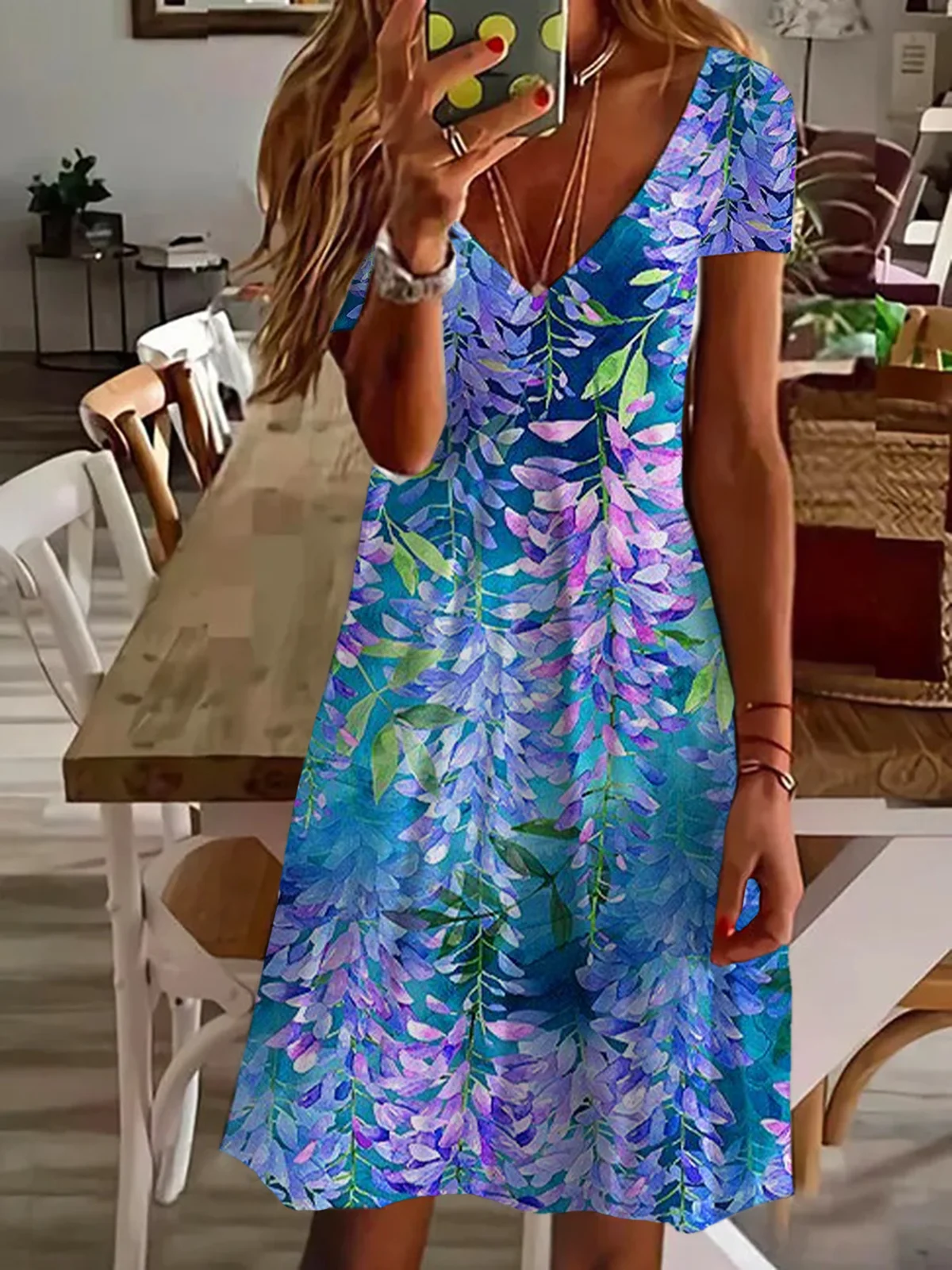 Women Floral Short Sleeve Summer Dress V Neck Daily Casual Midi Fit & Flare Dress A-Line Dress