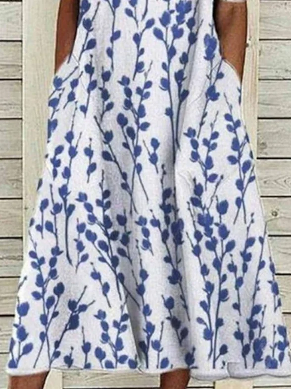 Women Floral Half Sleeve Summer Printing Dress Crew Neck Daily Casual Maxi A-Line Dress
