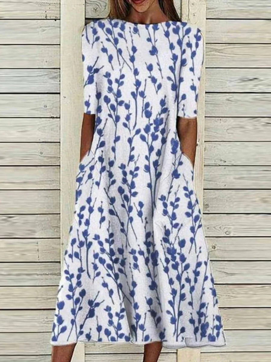 Women Floral Half Sleeve Summer Printing Dress Crew Neck Daily Casual Maxi A-Line Dress