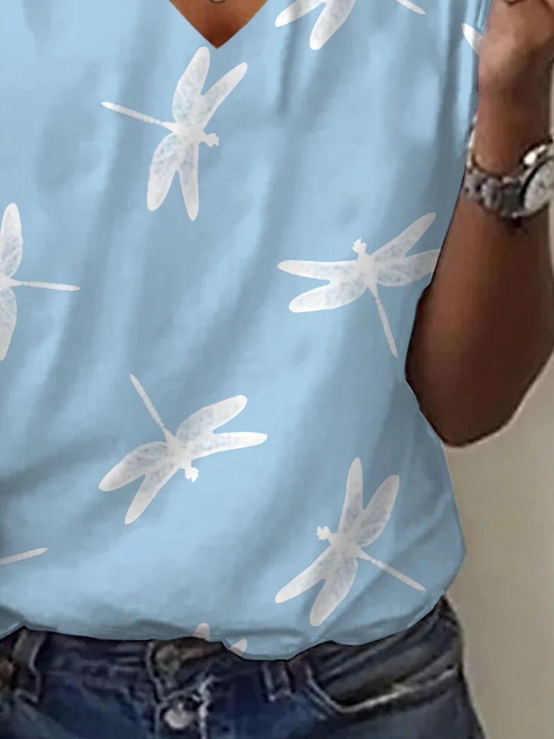 Women Dragonfly Short Sleeve Tee T-shirt V Neck Printing Casual Summer Graphic Tee Top