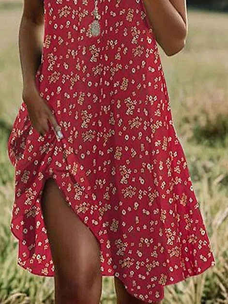 Women Floral Short Sleeve Summer Printing Dress Crew Neck Daily Casual Mini Tunic H-Line Dress
