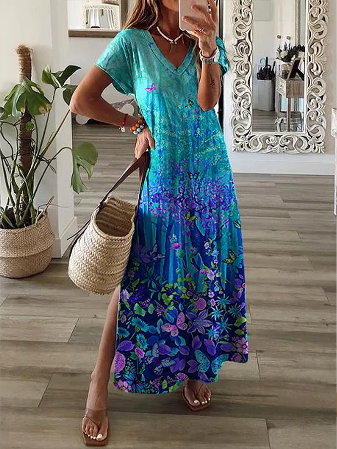 Women Floral Short Sleeve Summer Printing Dress V Neck Daily Casual Maxi X-Line Dress