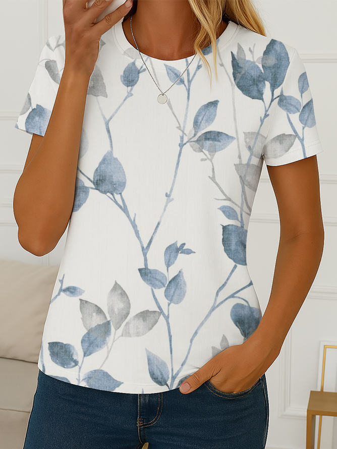 Women Floral Short Sleeve Tee T-shirt Crew Neck Printing Casual Summer Graphic Tee Top