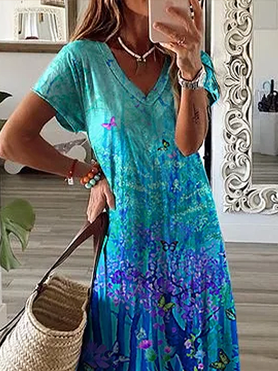 Women Floral Short Sleeve Summer Printing Dress V Neck Daily Casual Maxi X-Line Dress