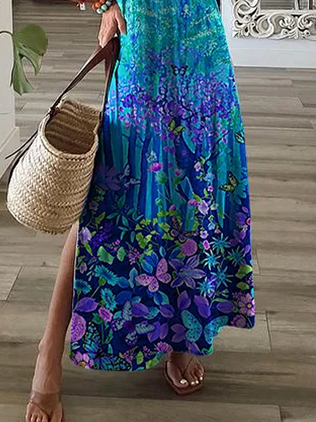 Women Floral Short Sleeve Summer Printing Dress V Neck Daily Casual Maxi X-Line Dress