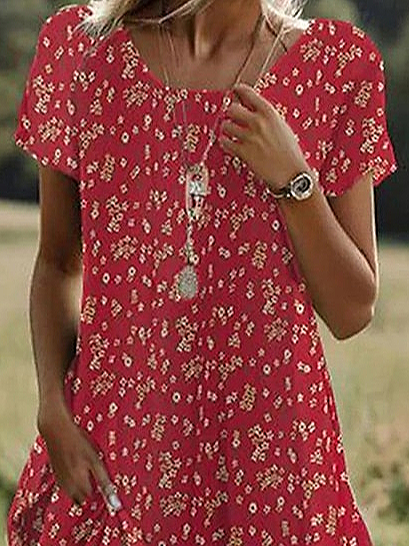 Women Floral Short Sleeve Summer Printing Dress Crew Neck Daily Casual Mini Tunic H-Line Dress