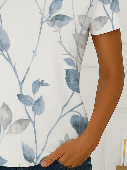 Women Floral Short Sleeve Tee T-shirt Crew Neck Printing Casual Summer Graphic Tee Top