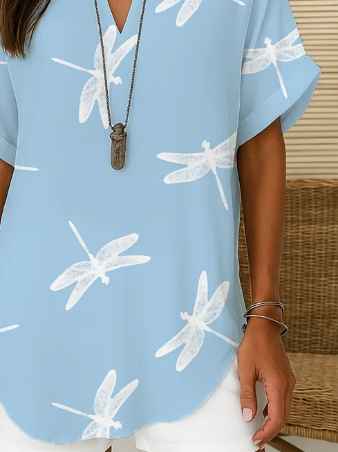 Women Dragonfly Short Sleeve Shirt Summer Printing V Neck Daily Casual Top