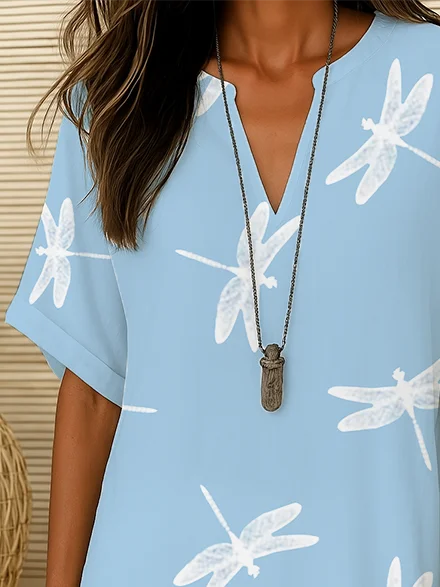 Women Dragonfly Short Sleeve Shirt Summer Printing V Neck Daily Casual Top
