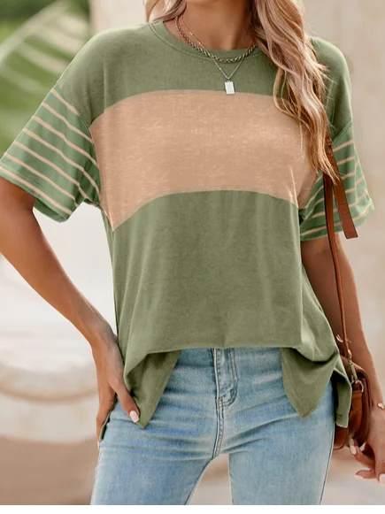 Women Striped Short Sleeve Tee T-shirt Crew Neck Casual Summer Top