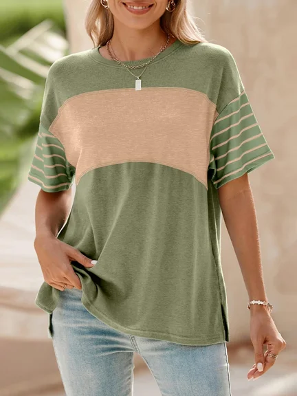 Women Striped Short Sleeve Tee T-shirt Crew Neck Casual Summer Top