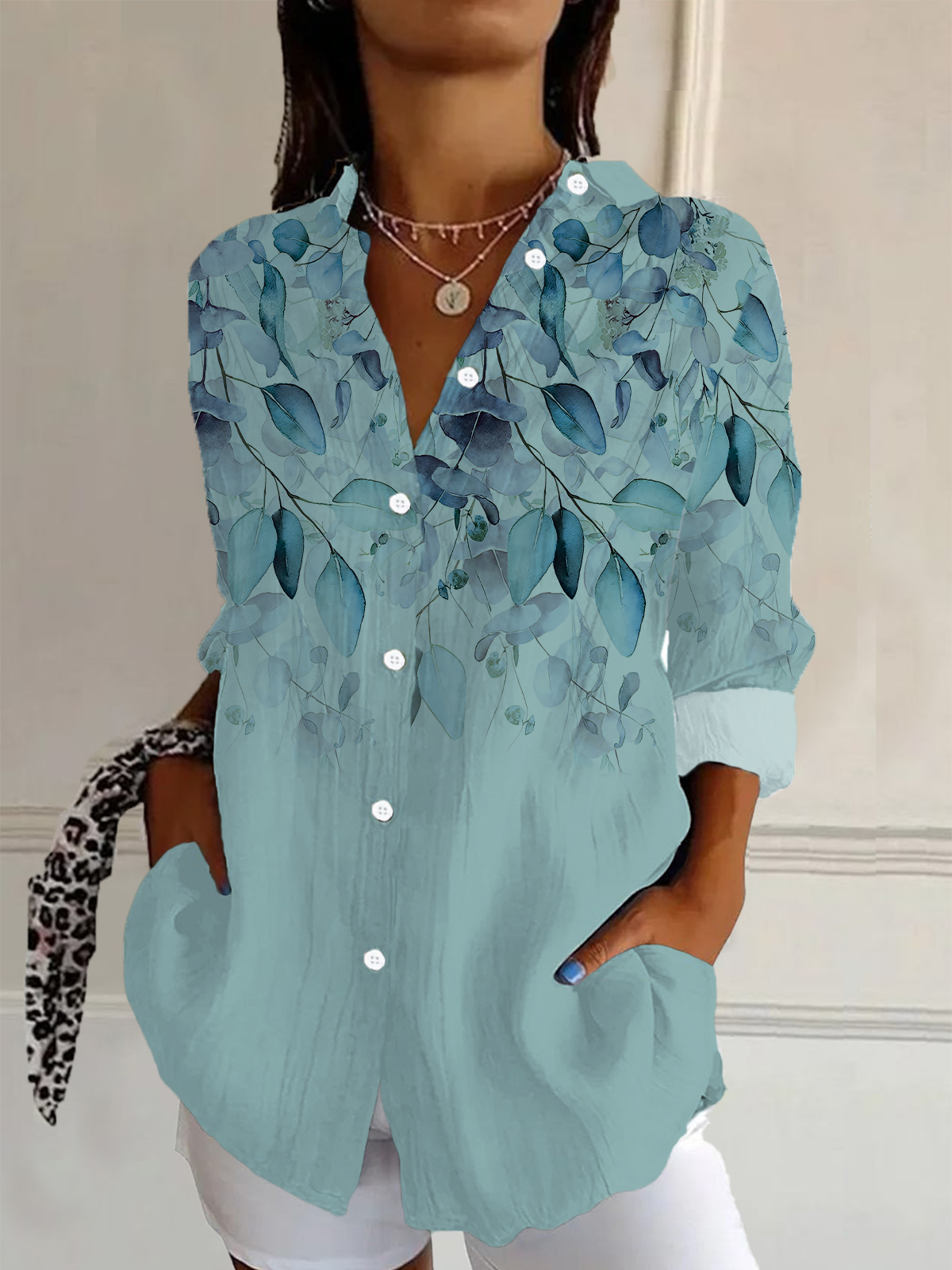 Women Floral Long Sleeve Shirt Spring/Fall Buckle Shirt Collar Daily Casual Top