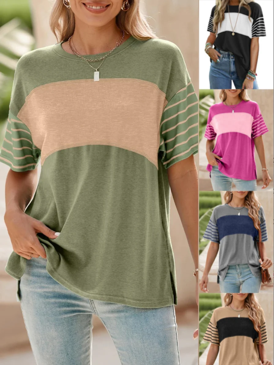 Women Striped Short Sleeve Tee T-shirt Crew Neck Casual Summer Top