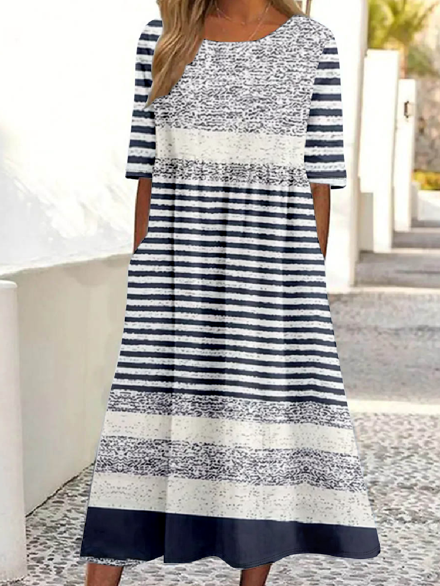 Women's Half Sleeve Summer Striped Dress Crew Neck Daily Going Out Vintage Maxi Shirt Dress A-Line Dress