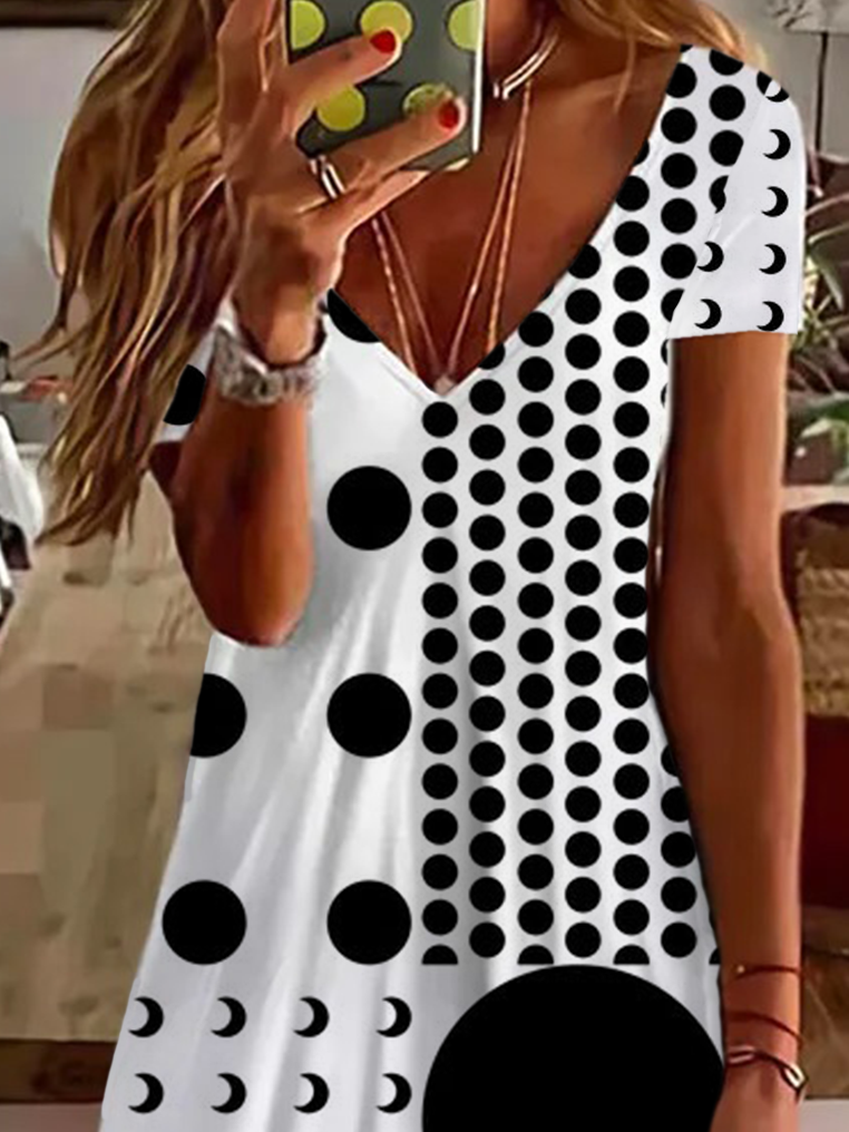 Women Polka Dots Short Sleeve Summer Printing Dress V Neck Daily Casual Midi Fit & Flare Dress A-Line Dress