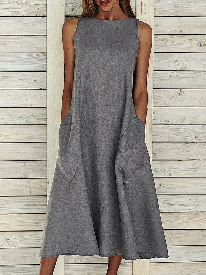 Women Plain Sleeveless Summer Printing Dress Crew Neck Daily Casual Maxi Fit & Flare Dress H-Line Dress