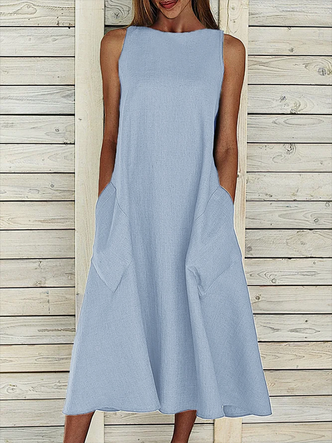 Women Plain Sleeveless Summer Printing Dress Crew Neck Daily Casual Maxi Fit & Flare Dress H-Line Dress