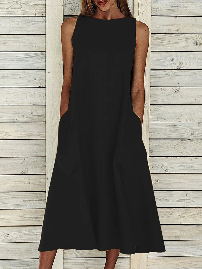 Women Plain Sleeveless Summer Printing Dress Crew Neck Daily Casual Maxi Fit & Flare Dress H-Line Dress